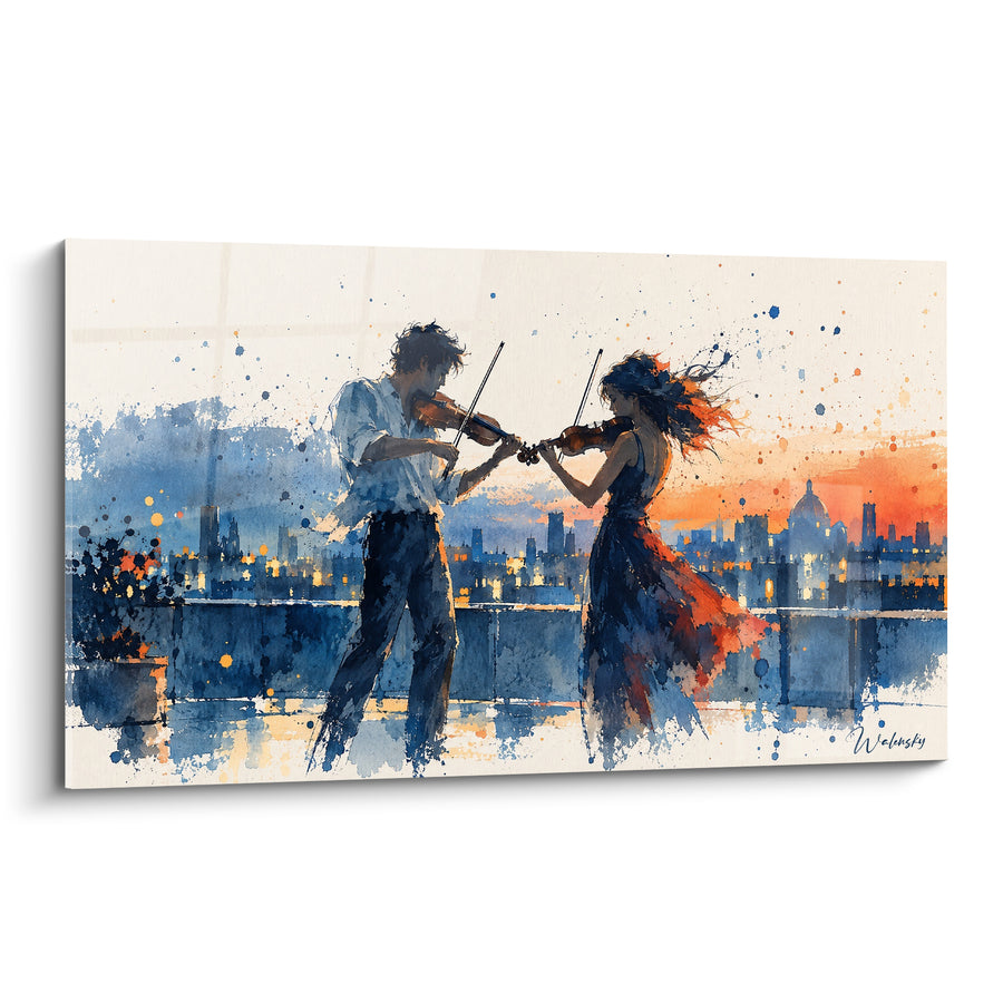 Tableau Violonistes sur toit bleu et orange - Duo au crépuscule - Edition Violon