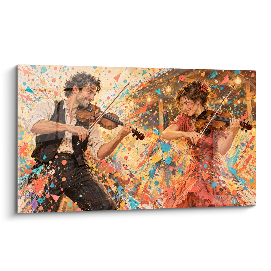 Tableau Violonistes en duel rouge et doré - Danse des archets - Edition Violon