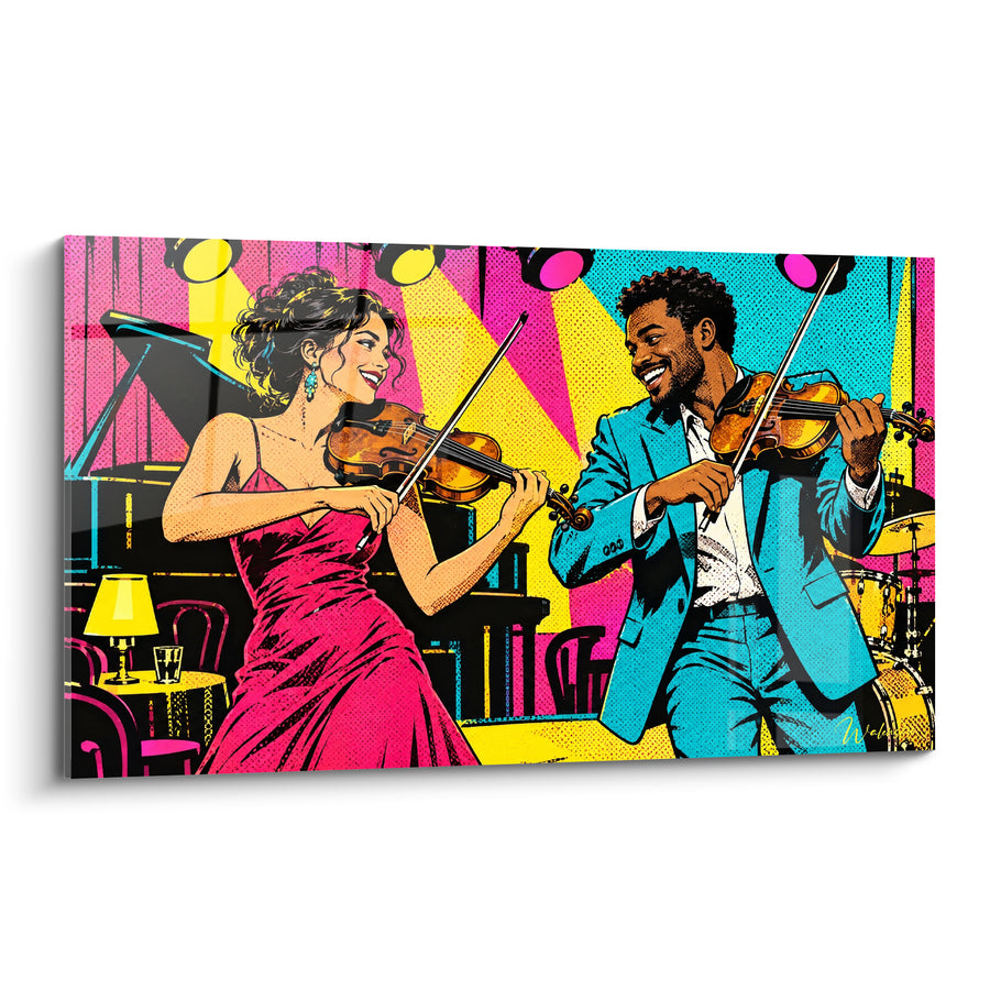 Tableau Duo de violonistes en robe rose et veste turquoise - Duel musical complice - Edition Violon