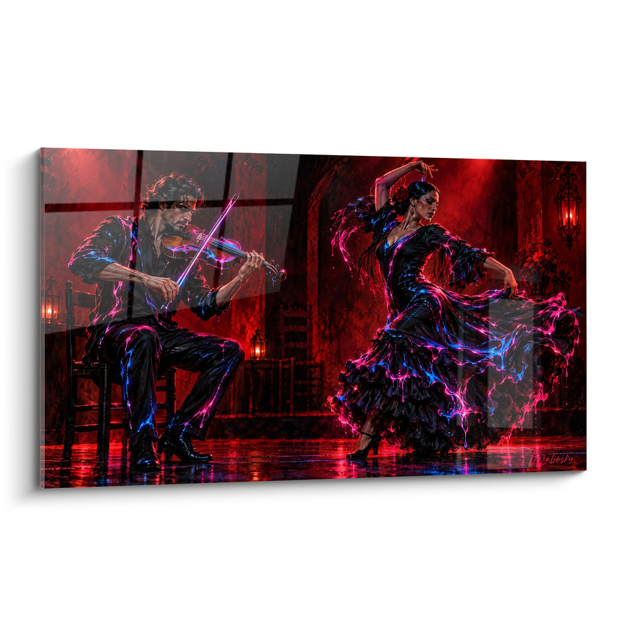 Tableau Danseuse flamenco et violoniste rouge et bleu électrique - Transe flamenco - Edition Violon