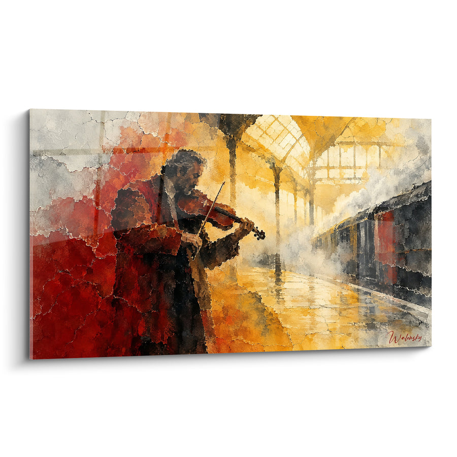 Tableau Violoniste rouge et doré gare ferroviaire embrumée - Train à vapeur sous verrière - Edition Violon