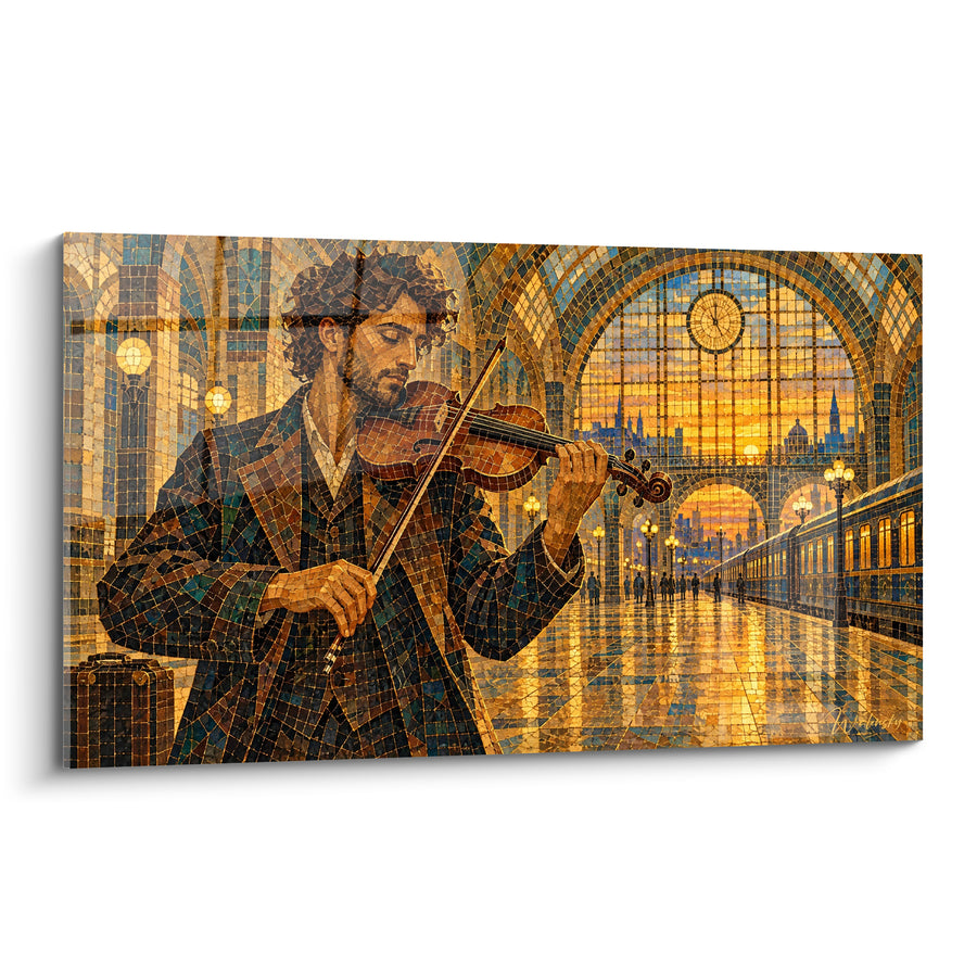 Tableau Violoniste doré dans une gare mosaïque - Mélodie du départ - Edition Violon
