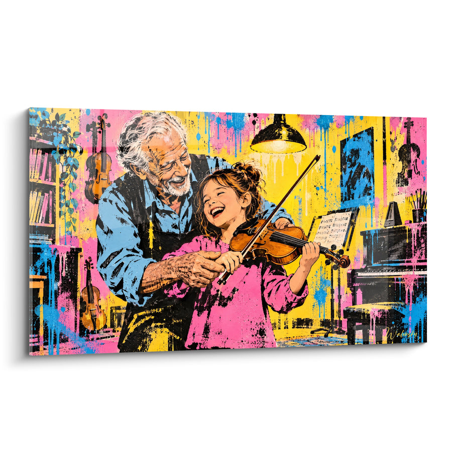 Tableau Grand-père enseignant le violon à une fillette - Complicité musicale - Edition Violon