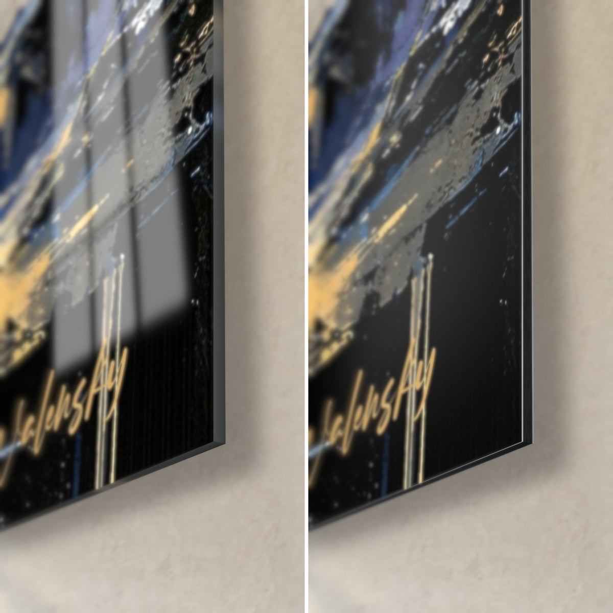 Tableau violoniste aux coups de pinceau ocre et indigo, coin bas droit, verre acrylique brillant et alu Dibond mat, tranche 3 mm