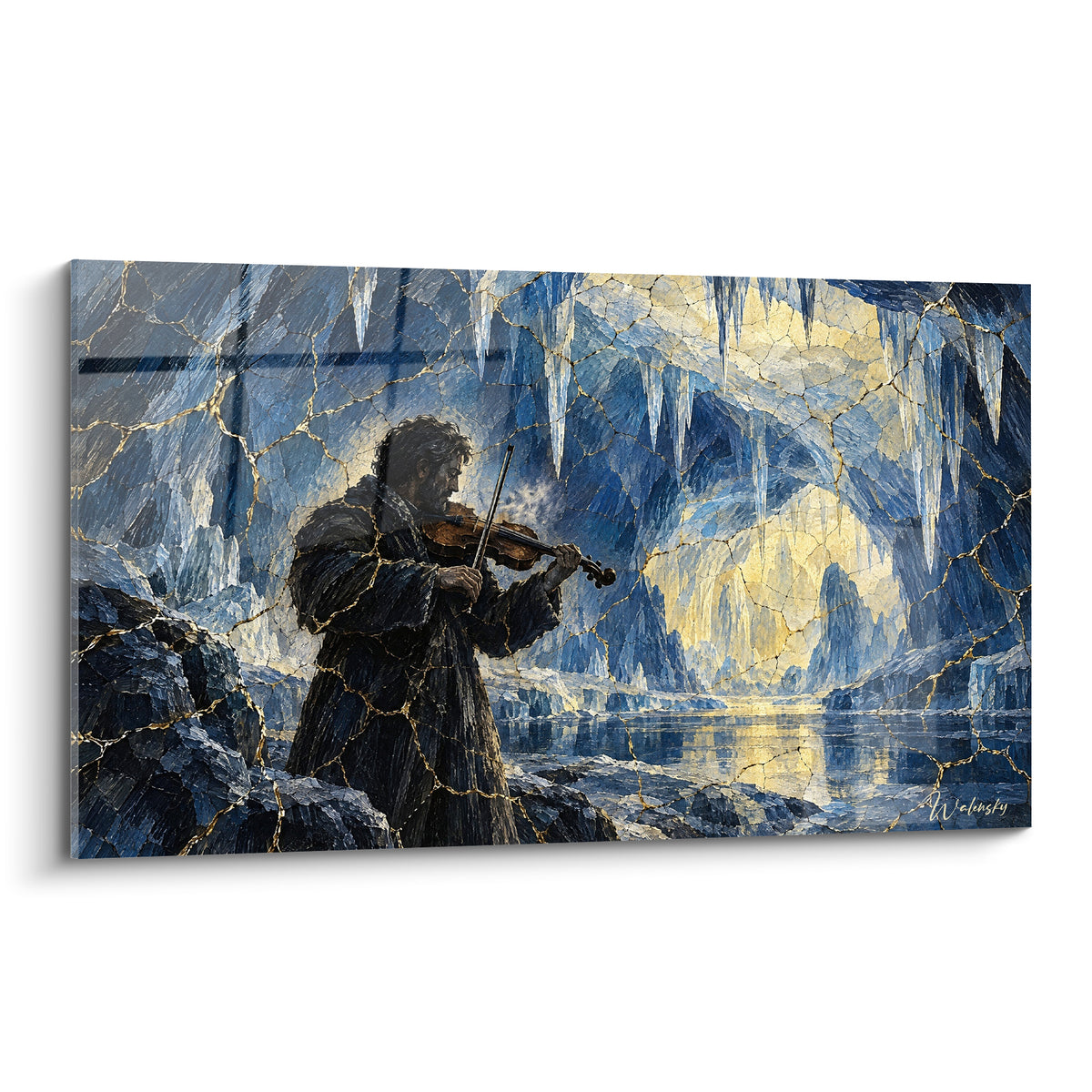 Tableau violon joué par un musicien dans une grotte de glace bleue et dorée scintillante