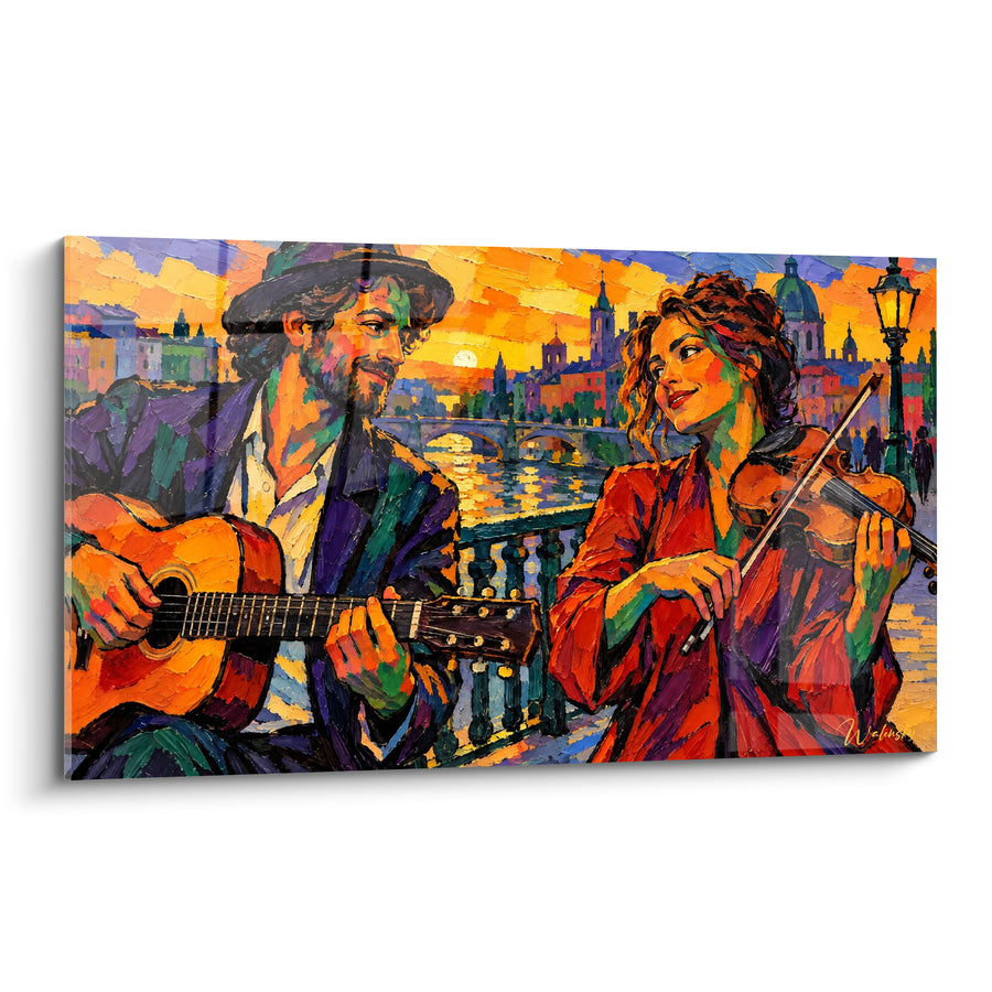 Tableau Musiciens de rue au coucher de soleil - Duo romantique au crépuscule - Edition Violon