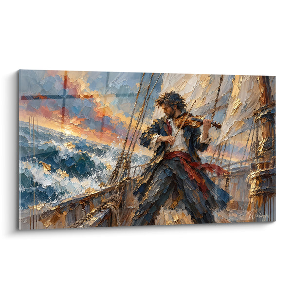 Tableau Violoniste sur un navire bleu doré - Mélodie face à la tempête - Edition Violon