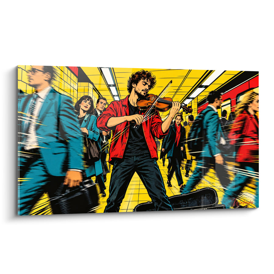 Tableau Violoniste veste rouge dans métro jaune - Instant suspendu - Edition Violon