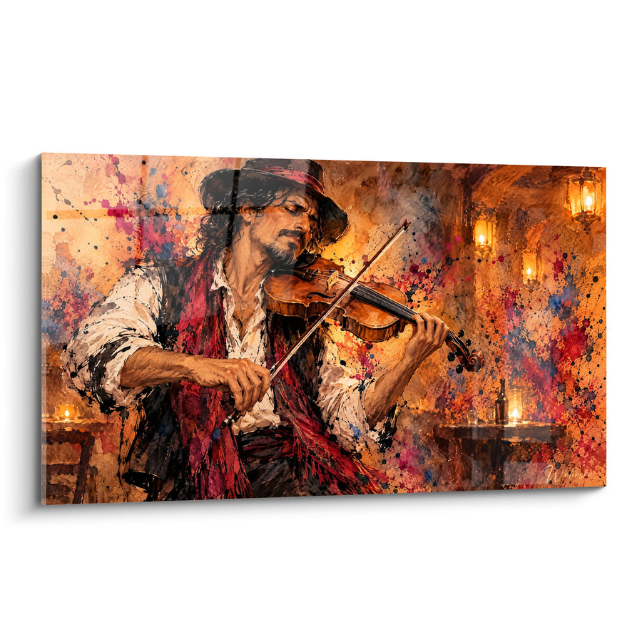 Tableau Violoniste chapeauté aux teintes ambre et bordeaux - Transe musicale nocturne - Edition Violon