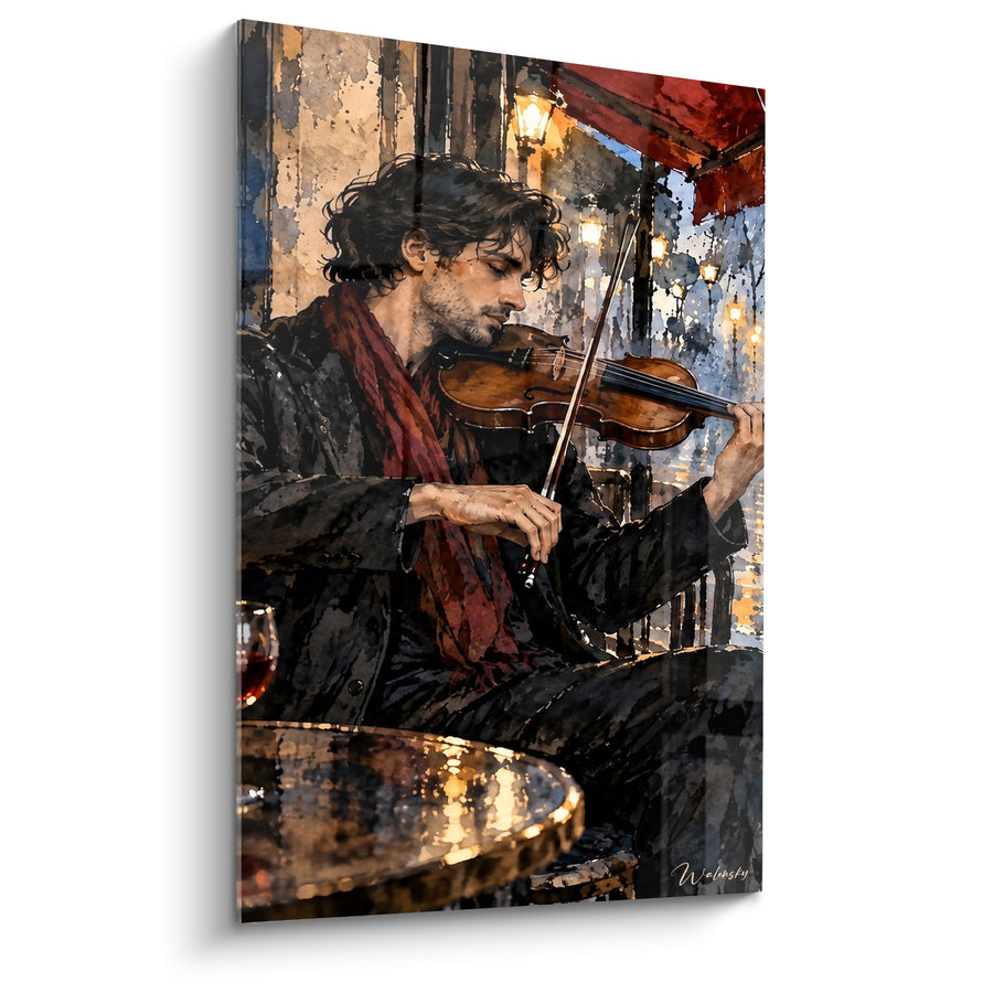Tableau Violoniste en écharpe rouge et noire à la terrasse - Verre de vin et réverbères - Edition Violon