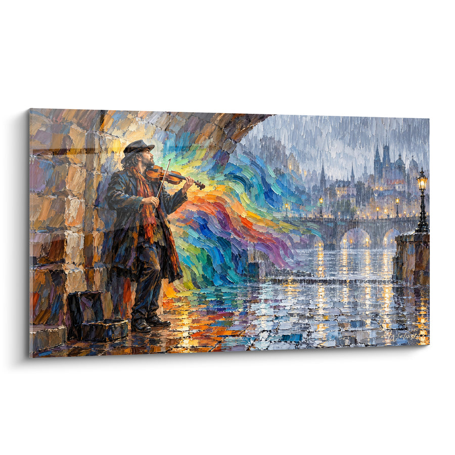 Tableau Violoniste des rues jouant sous un pont pluvieux - Mélodie sous la pluie - Edition Violon