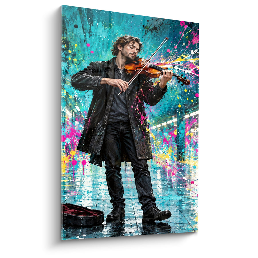 Tableau Violoniste dans un couloir turquoise éclaboussé - Mélodie en éclats - Edition Violon