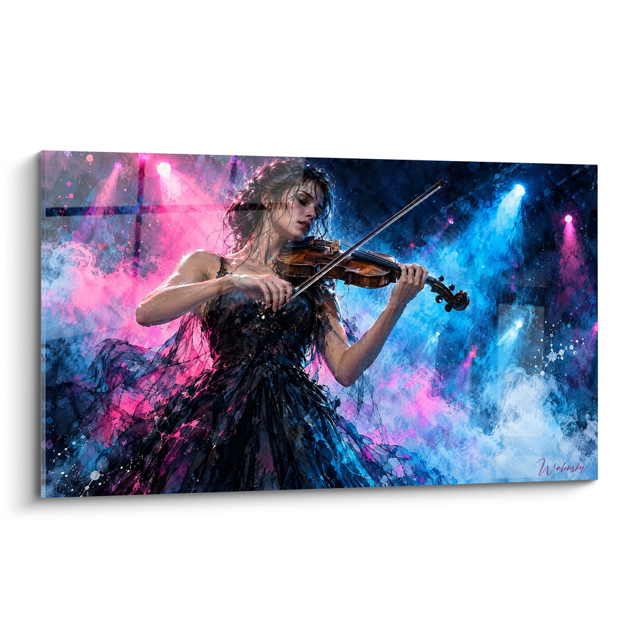 Tableau Violoniste en robe noire sous projecteurs rose et bleu - Cheveux mouillés dénoués - Edition Violon