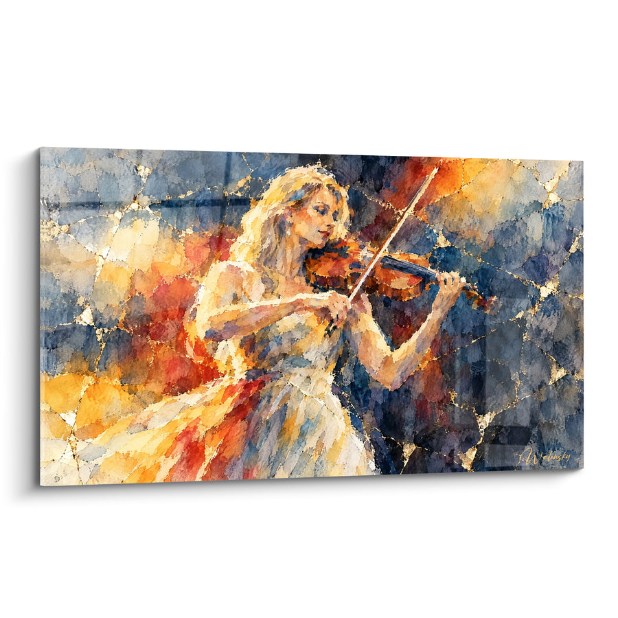 Tableau Violoniste blonde en robe orange et bleue - Fissures dorées en vitrail - Edition Violon