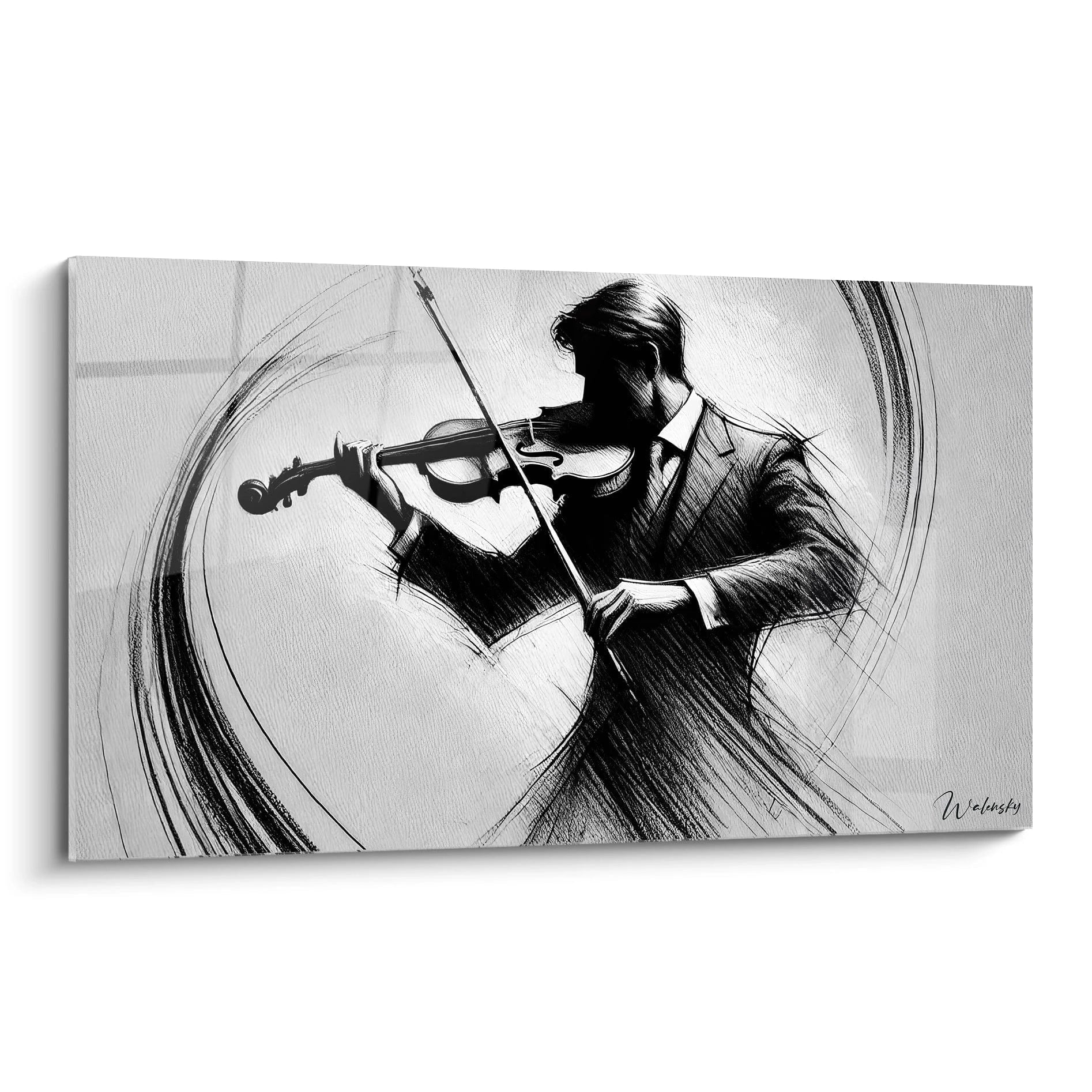 Un violoniste en pleine performance dans un tableau musique abstrait, mêlant textures dynamiques et contrastes monochromes.
