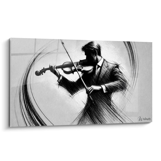 Un violinista in piena performance in un quadro di musica astratta, che mescola texture dinamiche e contrasti monocromatici.
