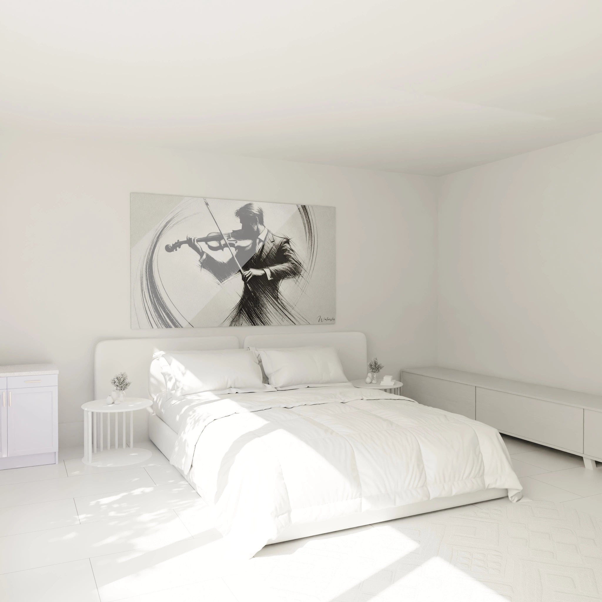 Un tableau musique abstrait suspendu au-dessus d’un lit, ajoutant une ambiance élégante et artistique à la chambre.
