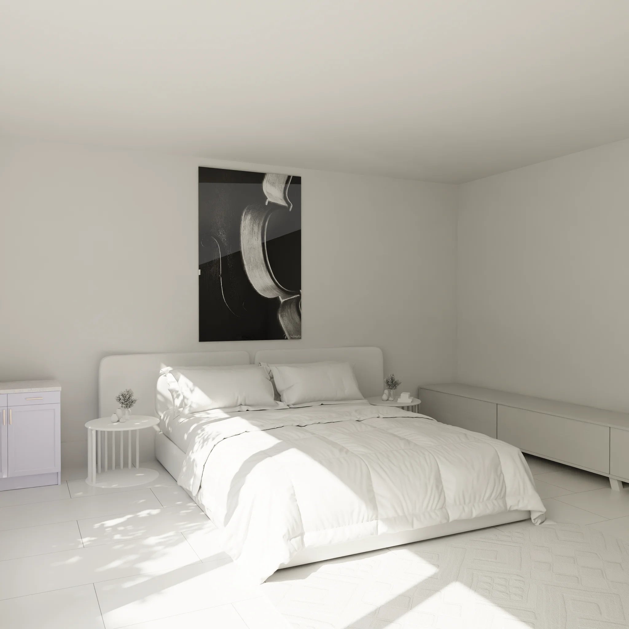 Ambiance chambre avec tableau violon noir et blanc décoratif au-dessus du lit moderne