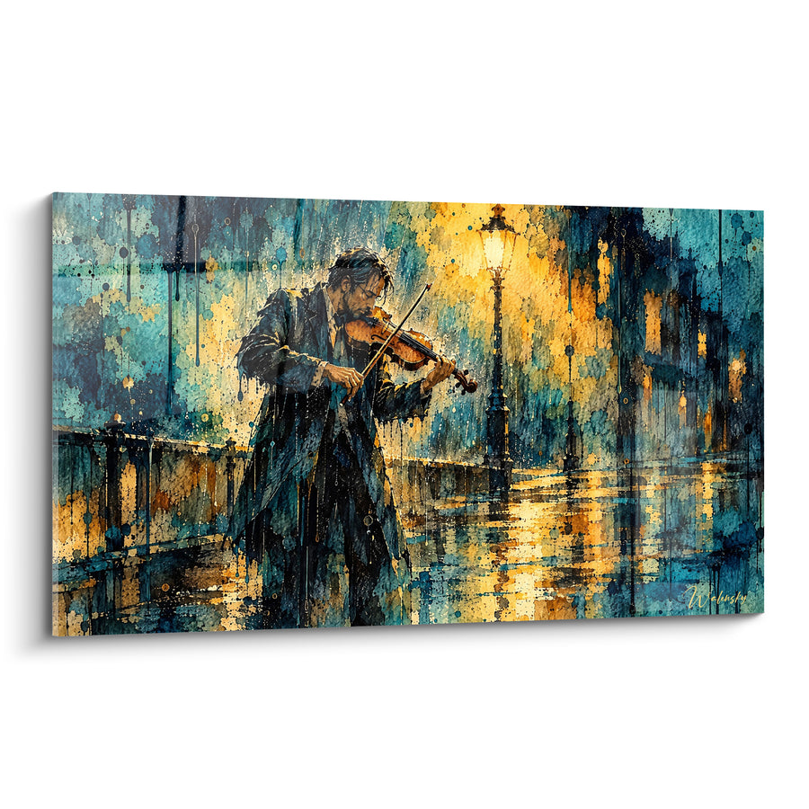 Tableau Violoniste sous la pluie bleu doré - Mélodie nocturne - Edition Violon