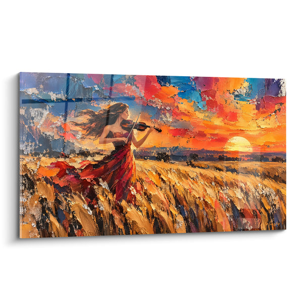 Tableau Violoniste en robe rouge dans un champ doré - Mélodie au couchant - Edition Violon