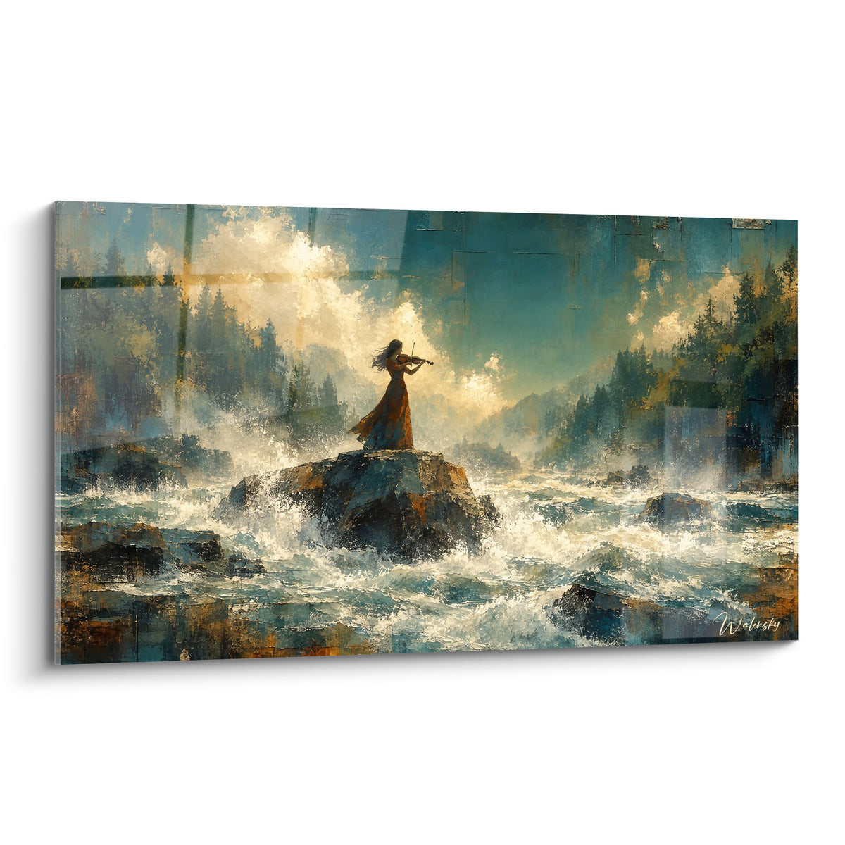 Tableau violon joué par une femme en robe rouge sur un rocher battu par les flots turquoise