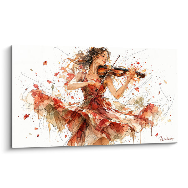 Tableau Violoniste en robe rouge terracotta - Tourbillon mélodique - Edition Violon