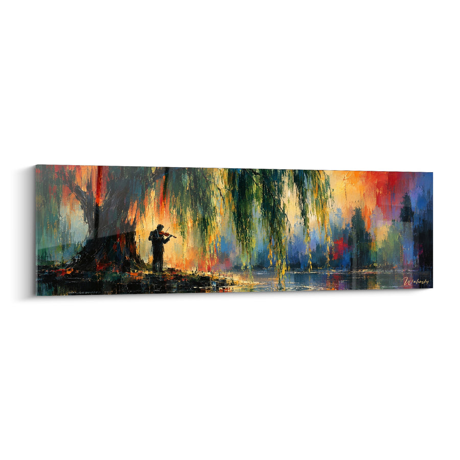 Tableau Violoniste sous saule pleureur vert et orange au bord d'un étang - Reflets sur l'eau calme - Edition Violon