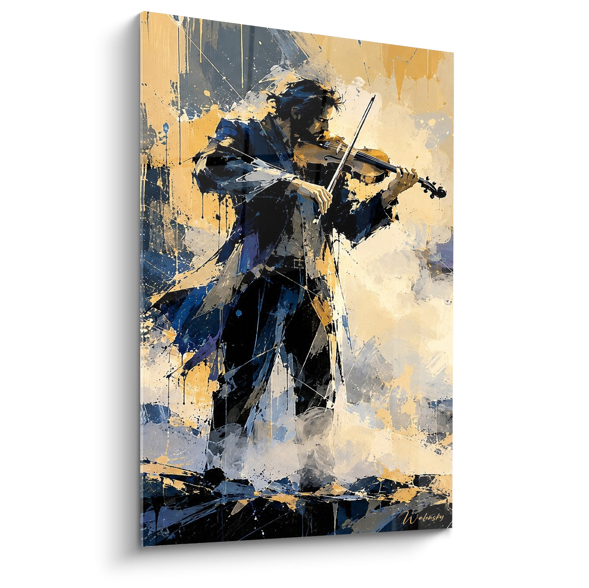 Schilderij van een viool met marineblauwe silhouet die speelt, gouden spatten in expressieve beweging
