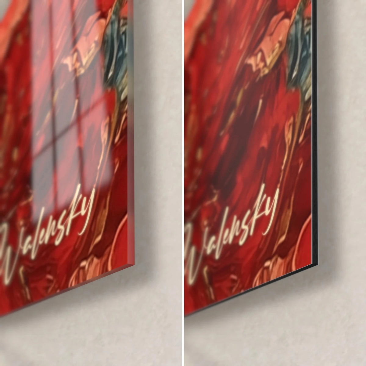Obraz skrzypek w czerwonym berecie i szkarłatnych kwiatach, błyszczący szklany narożnik po lewej, matowy Dibond po prawej, krawędź 3 mm