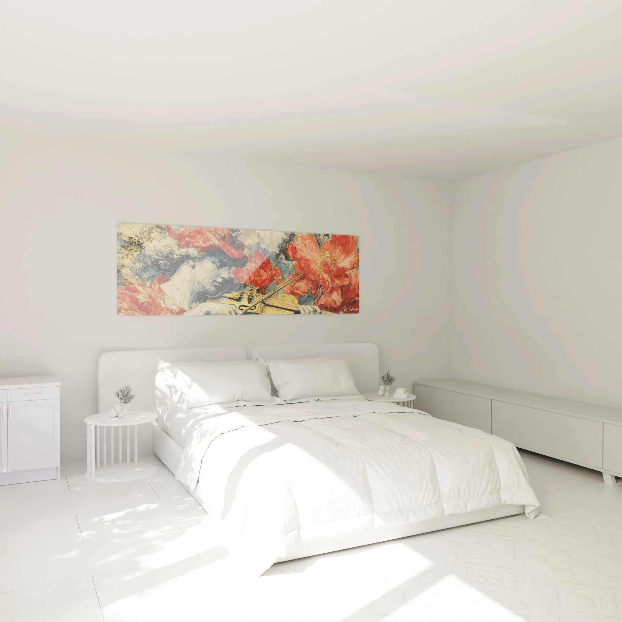 Tableau violon baroque Walensky sur panneau mural coloré au dessus d un lit double dans une chambre blanche minimaliste