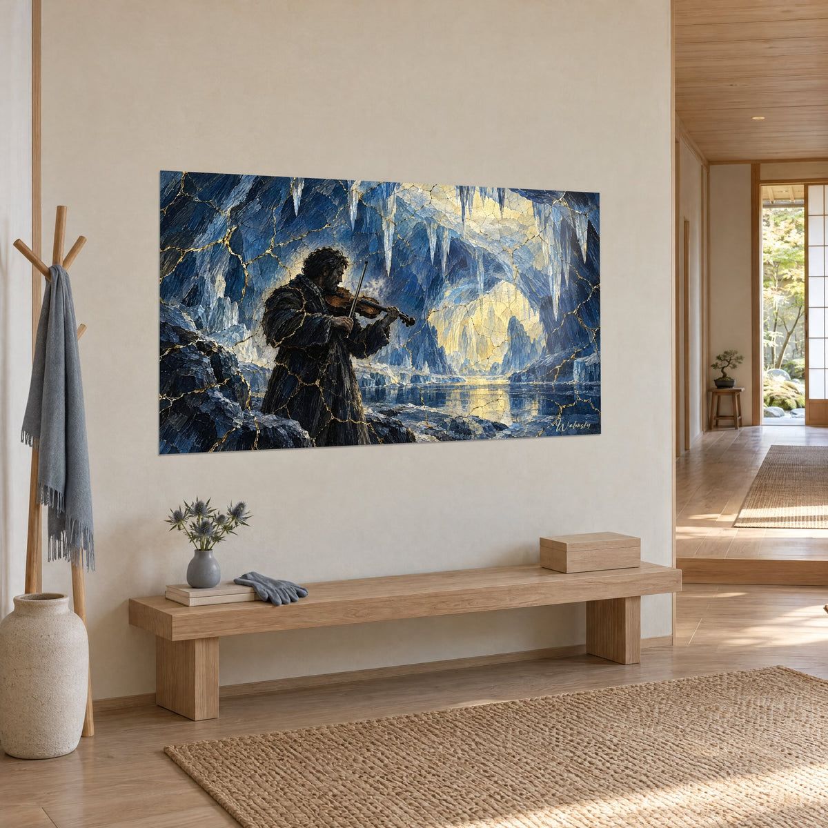 Tableau musicien au violon dans une caverne givrée, fissures dorées sur glace bleu nuit, lac doré, vu de trois-quarts dans un couloir japandi