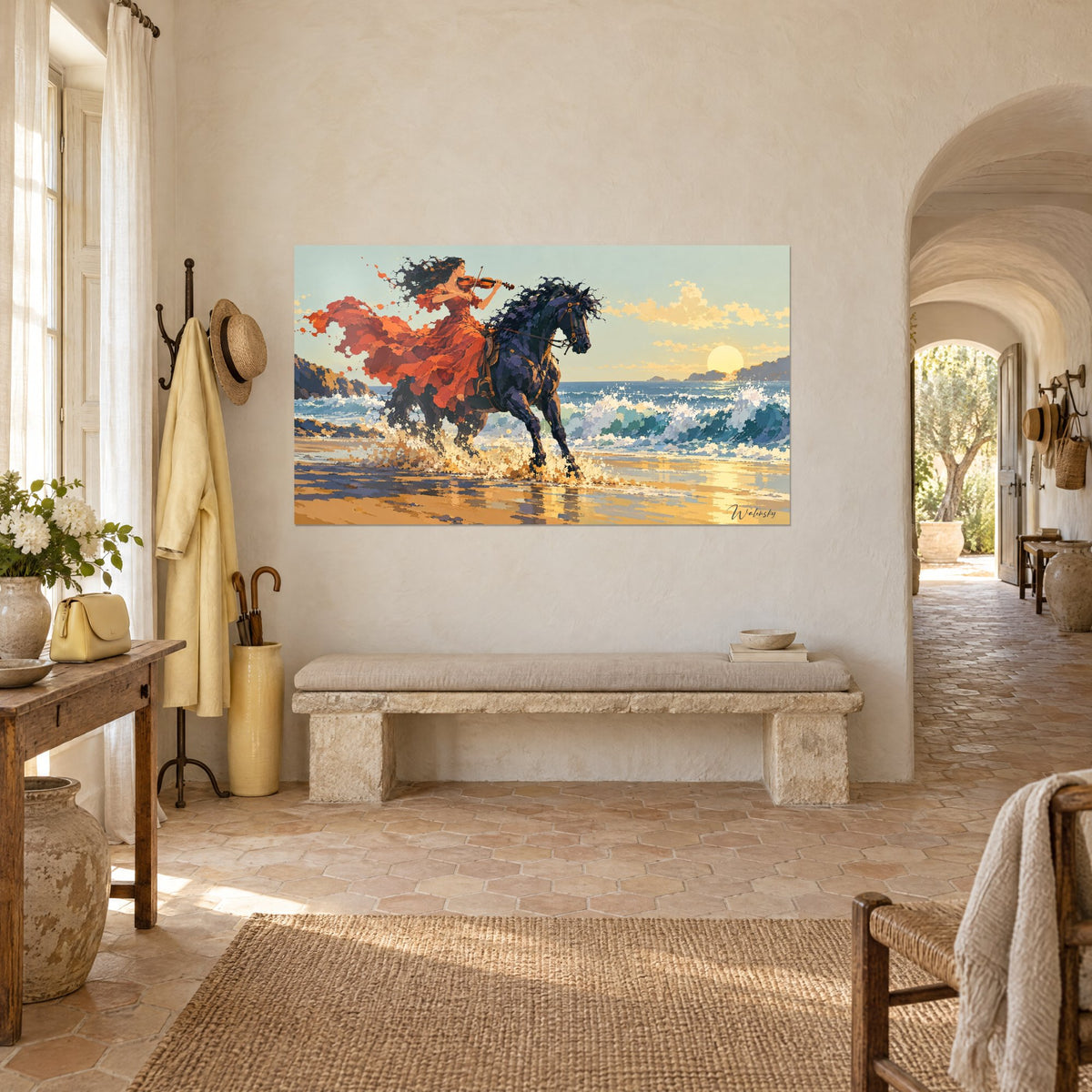 Tableau cavalière jouant du violon sur un étalon sombre, écume dorée et robe orange, mur blanc d'un mas provençal