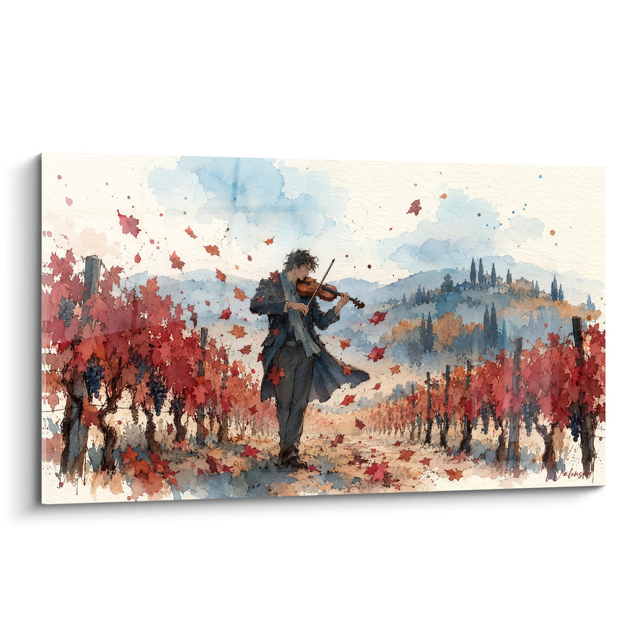 Tableau Violoniste dans un vignoble rouge et bleu - Mélodie des vendanges - Edition Violon