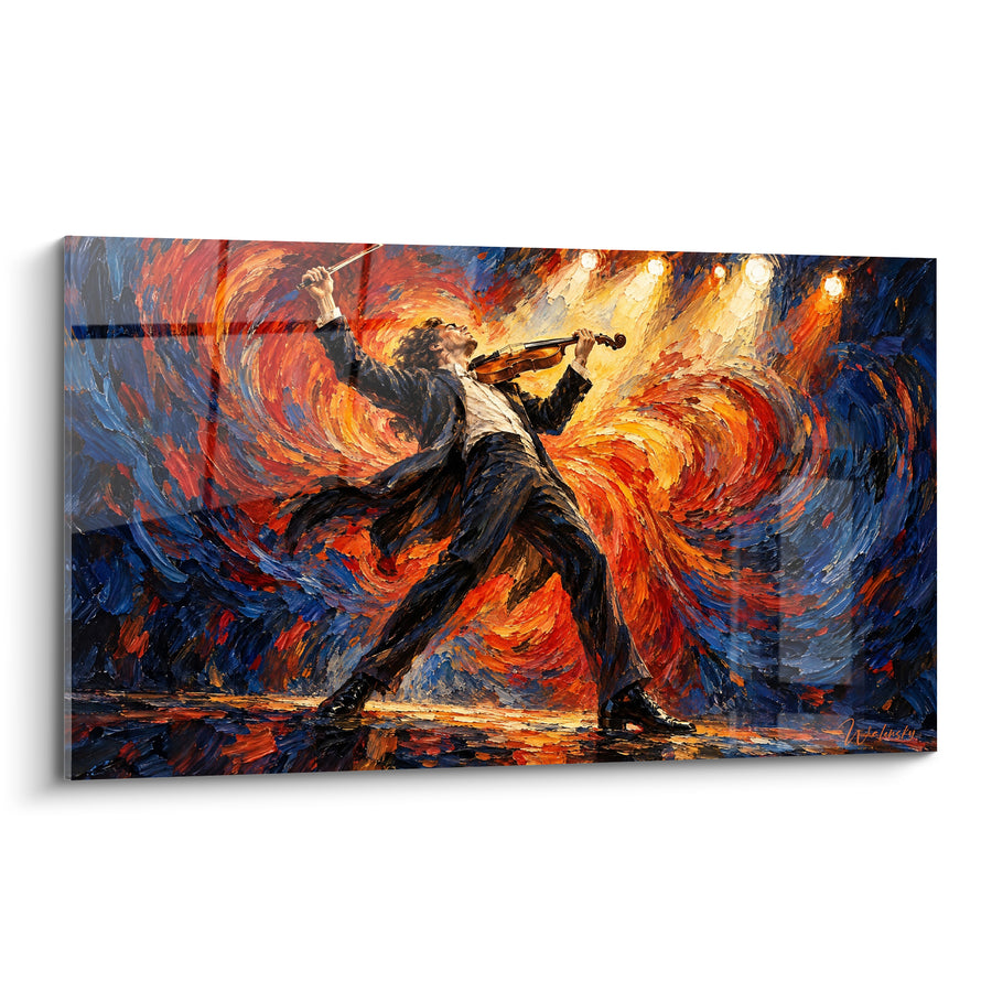 Tableau Violoniste en costume noir tourbillon orange et bleu - Homme cambré archet levé - Edition Violon