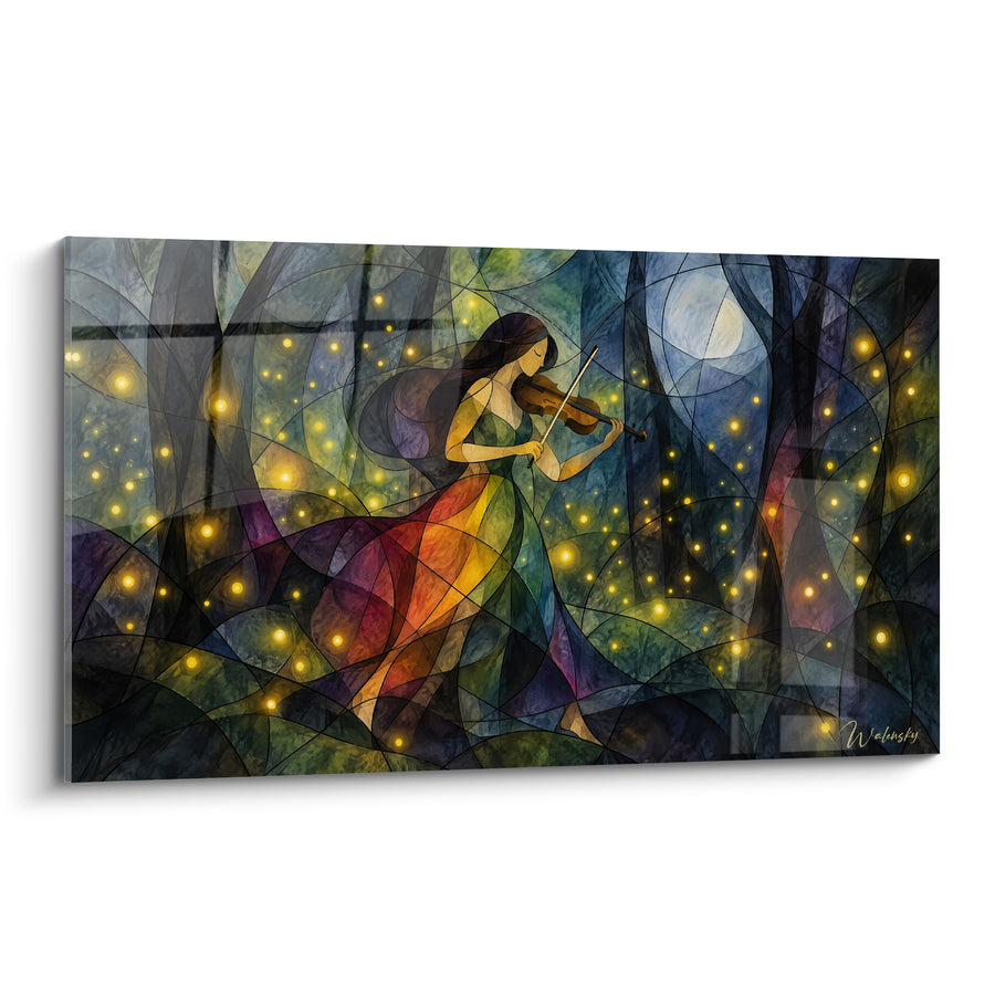 Tableau Violoniste robe orange forêt nocturne vitrail - Mélodie des lucioles - Edition Violon