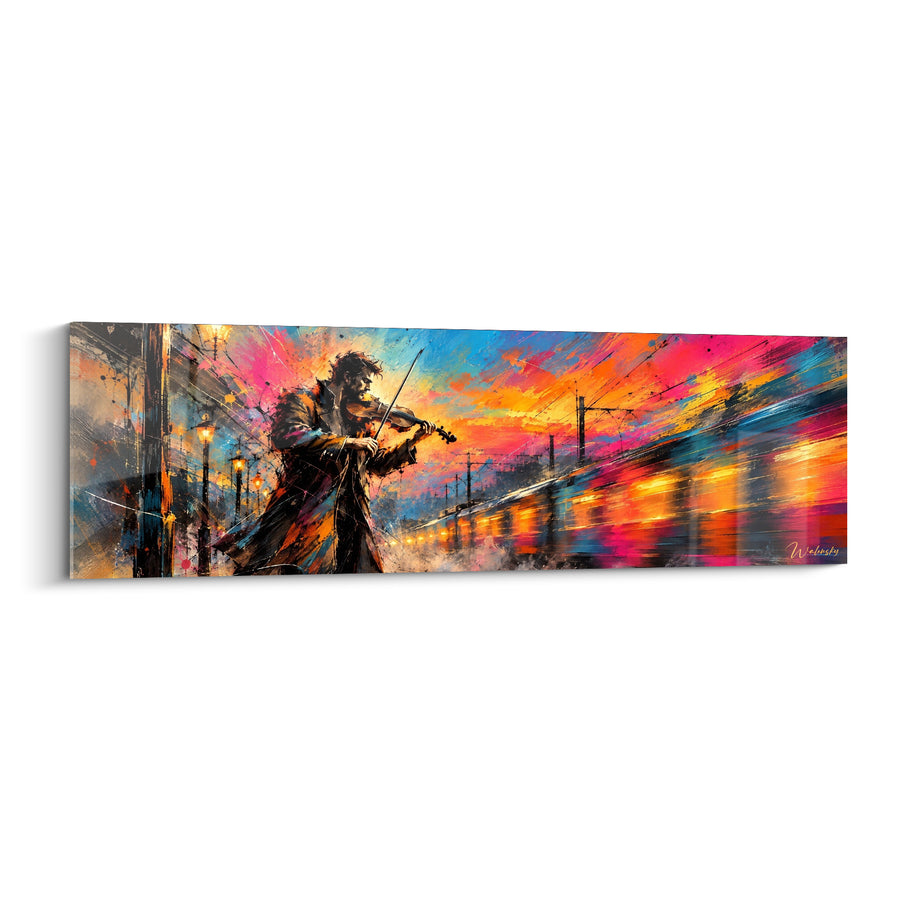 Tableau Violoniste manteau brun lignes électriques roses et bleues - Lampadaires et câbles ferroviaires - Edition Violon