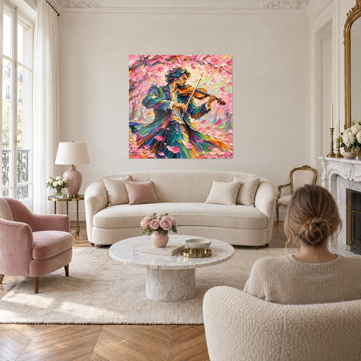 Tableau violoniste inspiré aux boucles dorées, manteau turquoise et pétales roses en pâte épaisse, au-dessus d'un canapé dans un salon lumineux