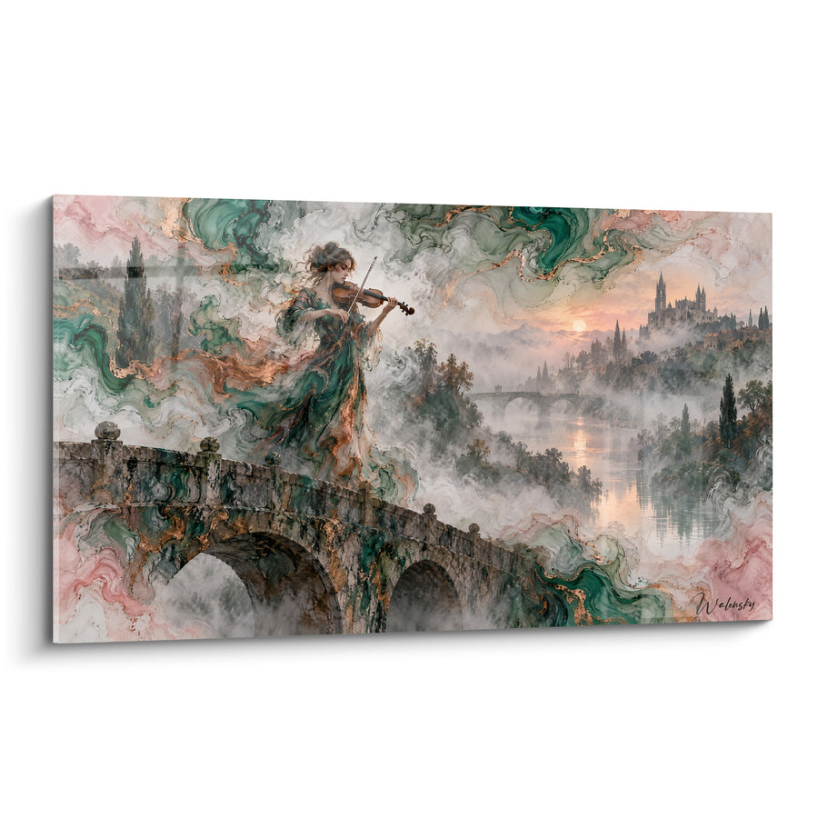 Tableau Violoniste vert émeraude sur pont de pierre - Mélodie suspendue - Edition Violon