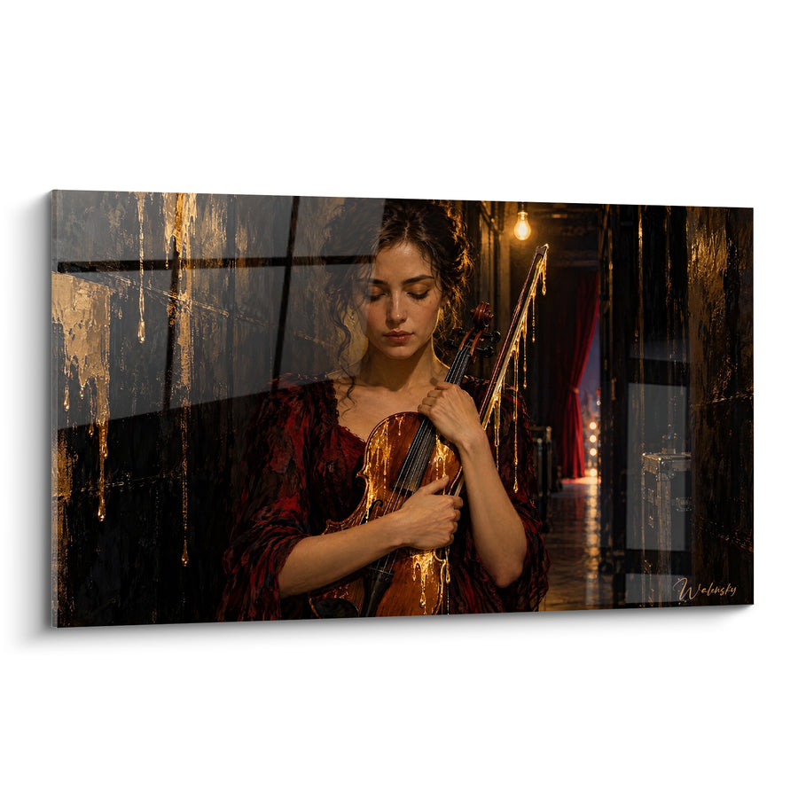 Tableau Violoniste en robe bordeaux aux coulures dorées - Avant le concert - Edition Violon