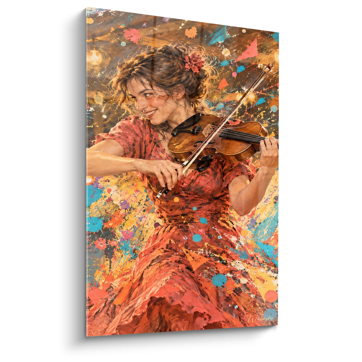 Tableau violoniste en robe corail jouant avec passion, éclaboussures turquoise et dorées sur fond vibrant