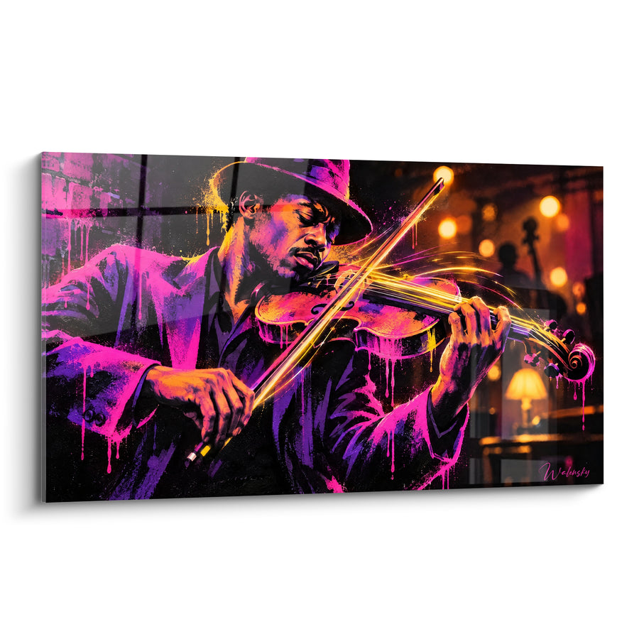 Tableau Violoniste chapeauté en veste rose et violette fluorescente - Archet aux traits lumineux - Edition Violon
