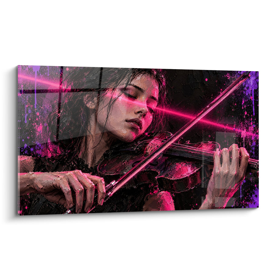 Tableau Violoniste en gros plan rose et violet sous rayon laser - Visage en contre-plongée - Edition Violon