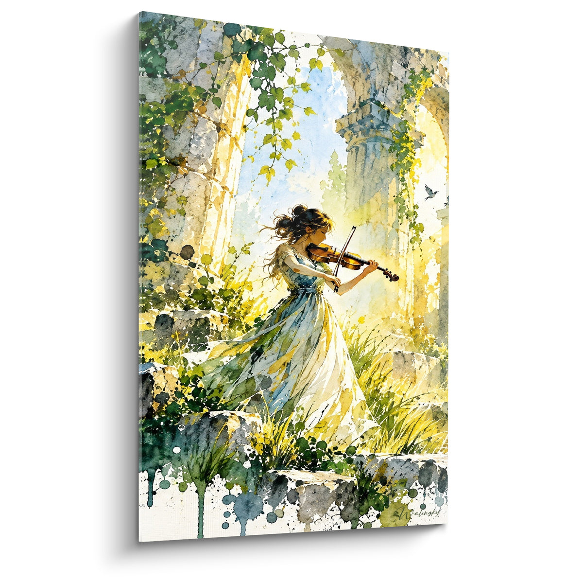 Tableau violoniste en robe bleu pâle jouant parmi colonnes dorées et lierre vert antique