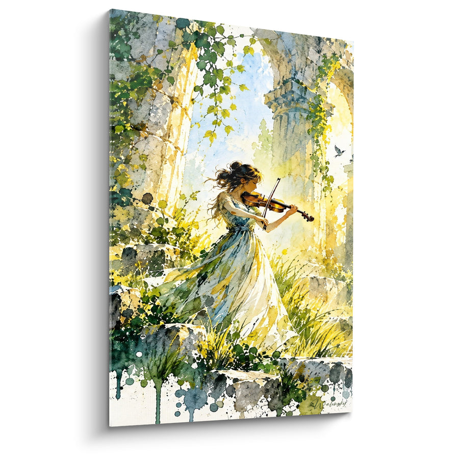 Tableau Violoniste en robe claire parmi colonnes envahies de lierre - Oiseau en envol - Edition Violon