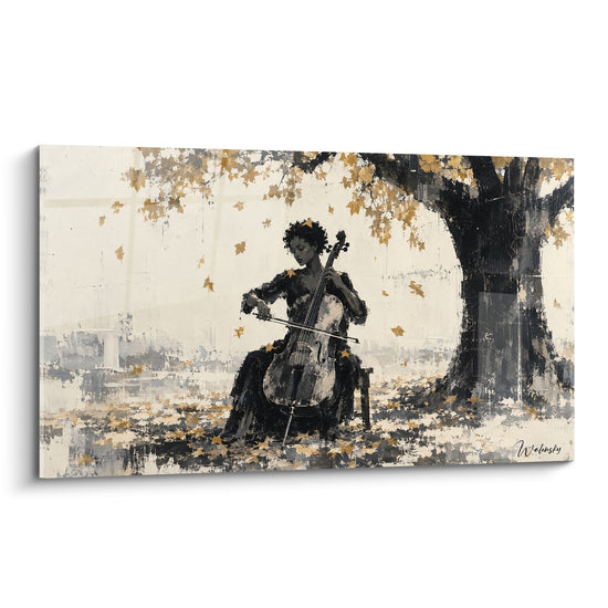 Tableau Violoncelliste sous un arbre doré automnal - Mélodie d'automne - Edition Violoncelle