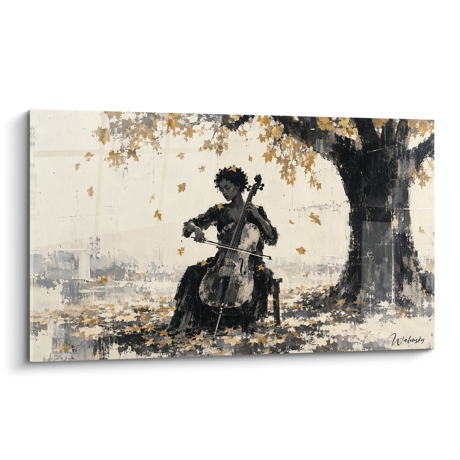 Tableau Violoncelliste sous un arbre doré automnal - Mélodie d'automne - Edition Violoncelle