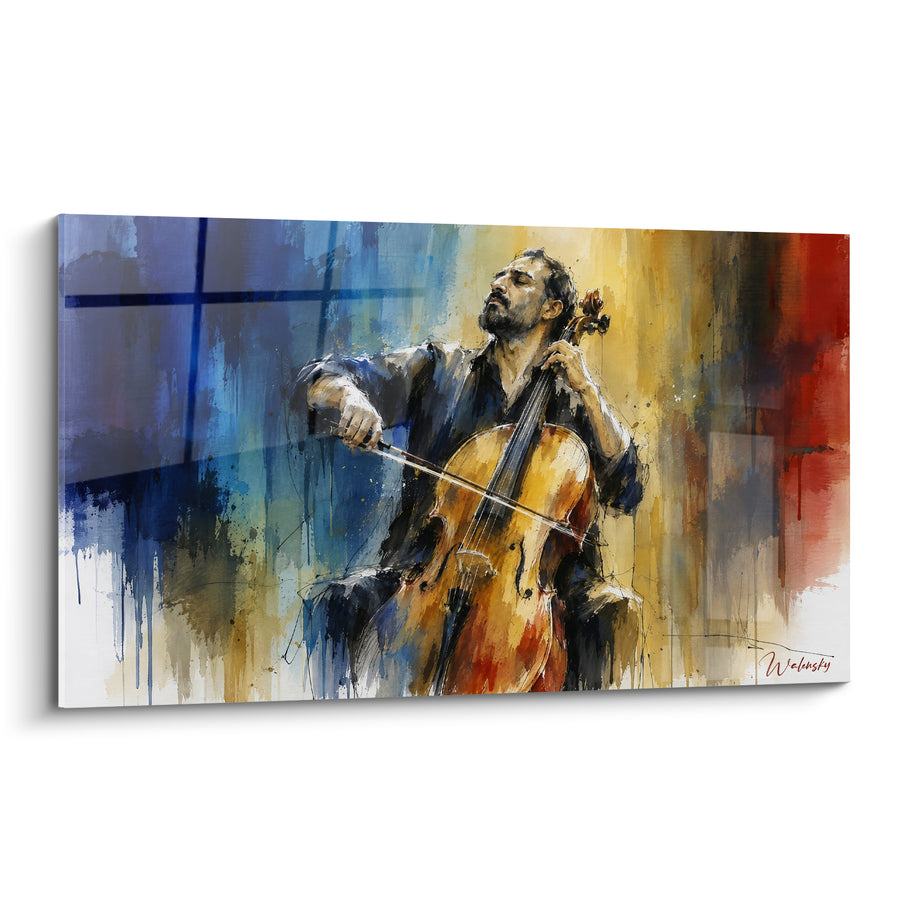 Tableau Violoncelliste barbu aux coulures bleues et rouges - Homme yeux fermés - Edition Violoncelle