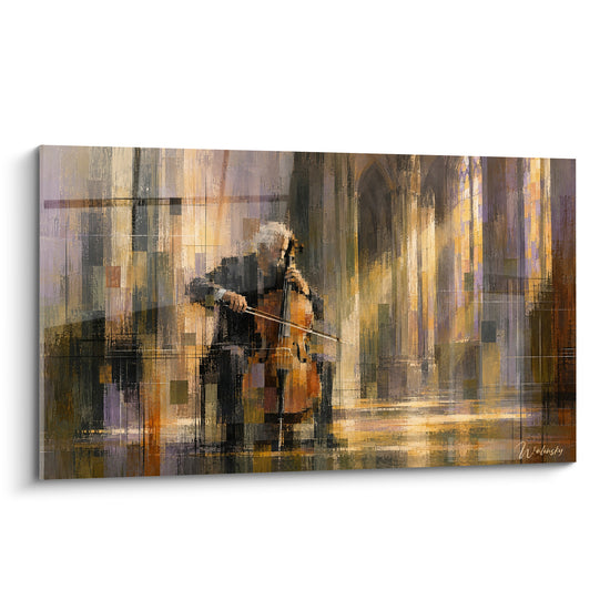 Tableau Violoncelliste doré aux arches cathédrale - Note suspendue - Edition Violoncelle