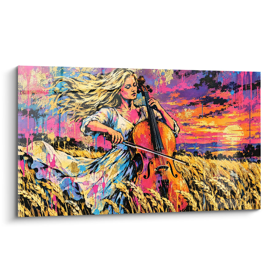 Tableau Violoncelliste blonde dans un champ de blé - Mélodie au couchant - Edition Violoncelle