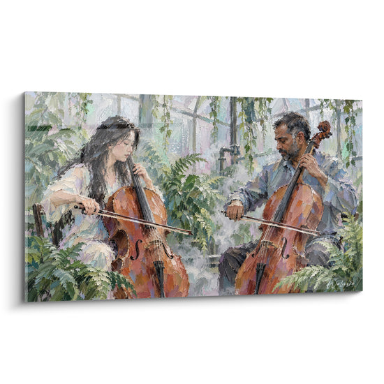 Tableau Duo de violoncellistes dans une serre verdoyante - Dialogue en sourdine - Edition Violoncelle